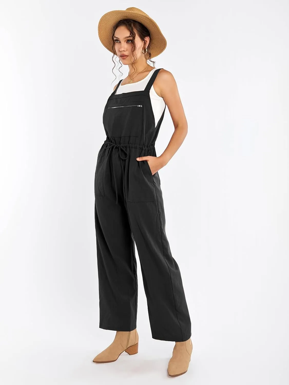 KUTUAMI Womens Wide Leg Jumpsuit Linen Overalls 2024 Casual Outfits Adjustable Strap Rompers with Pockets