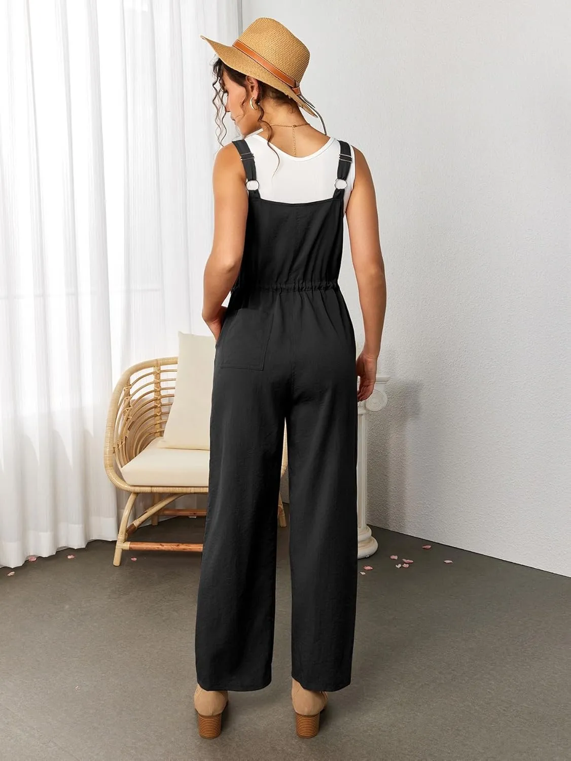 KUTUAMI Womens Wide Leg Jumpsuit Linen Overalls 2024 Casual Outfits Adjustable Strap Rompers with Pockets