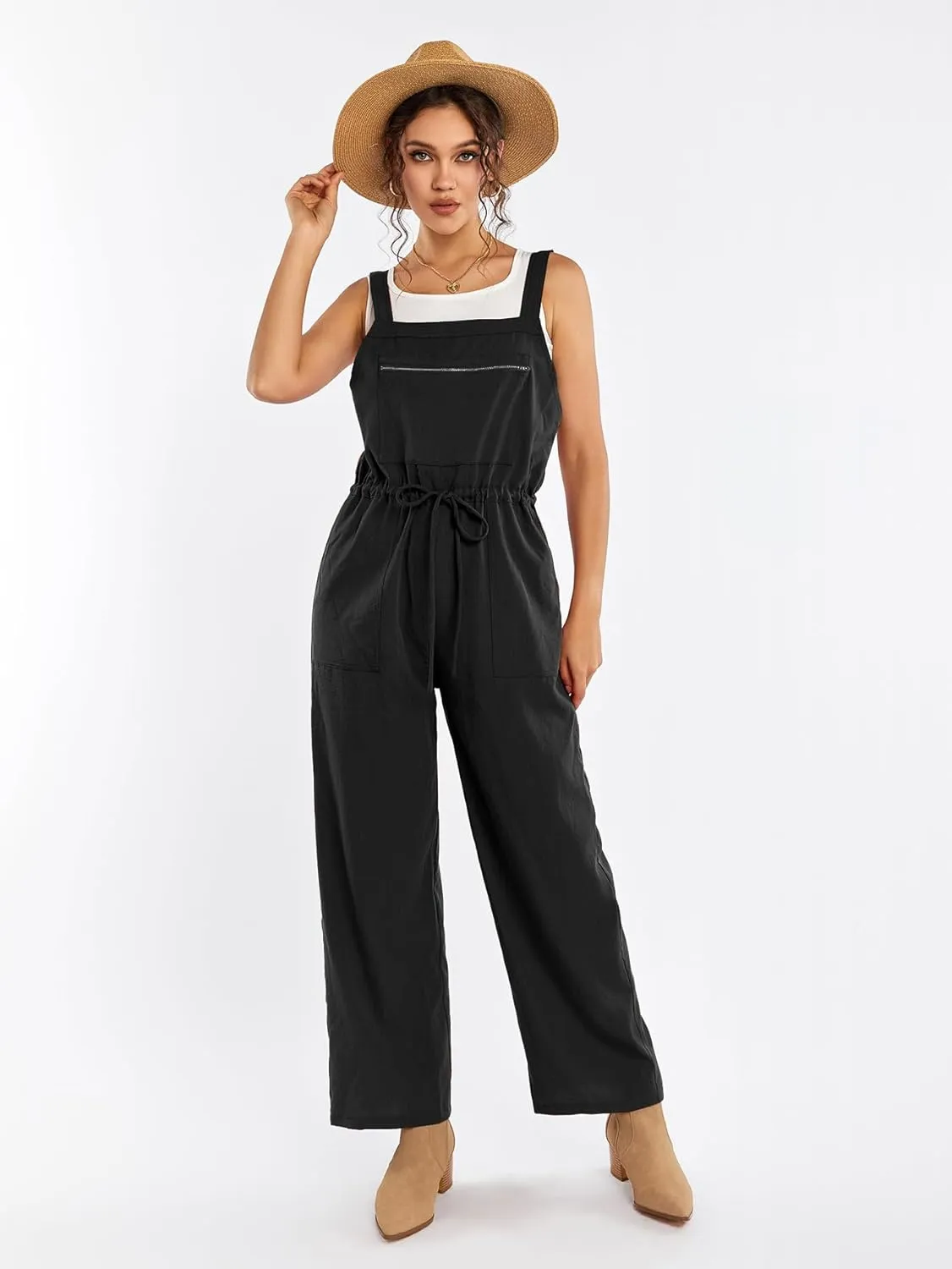 KUTUAMI Womens Wide Leg Jumpsuit Linen Overalls 2024 Casual Outfits Adjustable Strap Rompers with Pockets