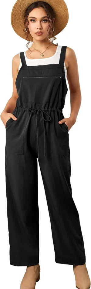 KUTUAMI Womens Wide Leg Jumpsuit Linen Overalls 2024 Casual Outfits Adjustable Strap Rompers with Pockets