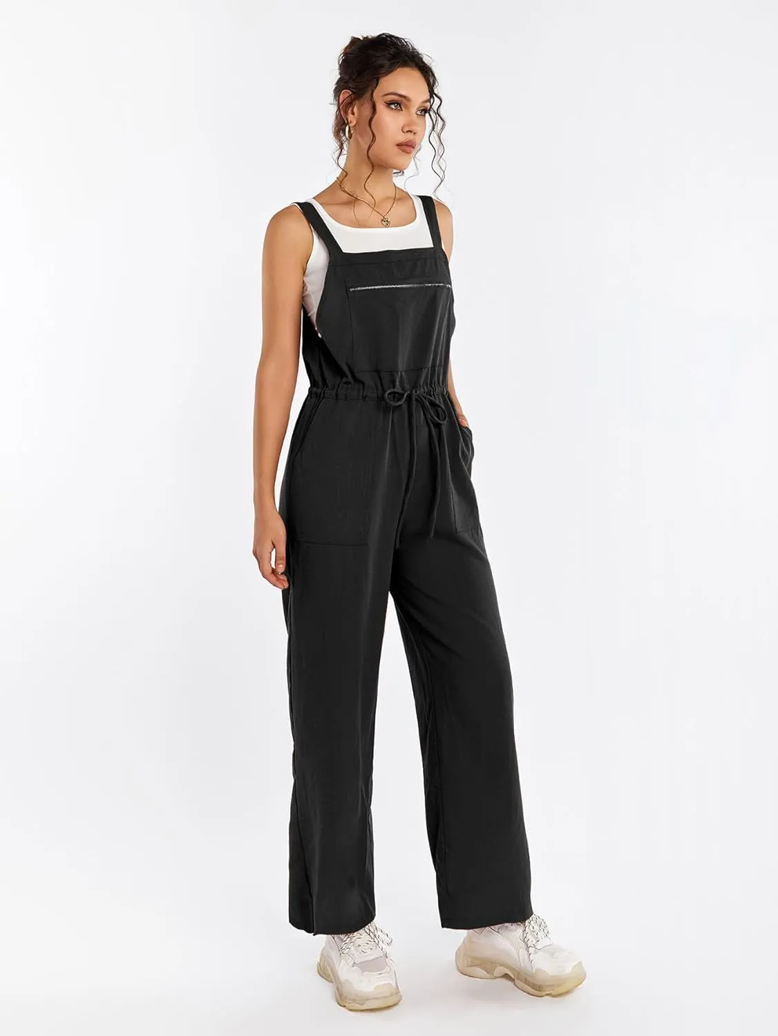 KUTUAMI Womens Wide Leg Jumpsuit Linen Overalls 2024 Casual Outfits Adjustable Strap Rompers with Pockets
