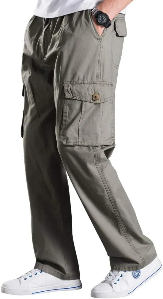 Lanesra Men's Boys Full Elastic Waist Casual Cargo Pants Relaxed Fit Lightweight Pull On Workwear Pant