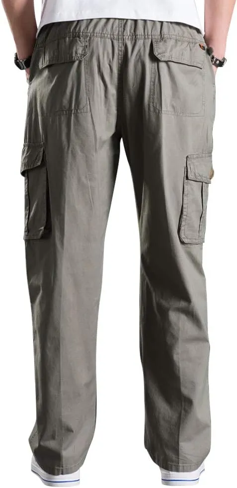 Lanesra Men's Boys Full Elastic Waist Casual Cargo Pants Relaxed Fit Lightweight Pull On Workwear Pant