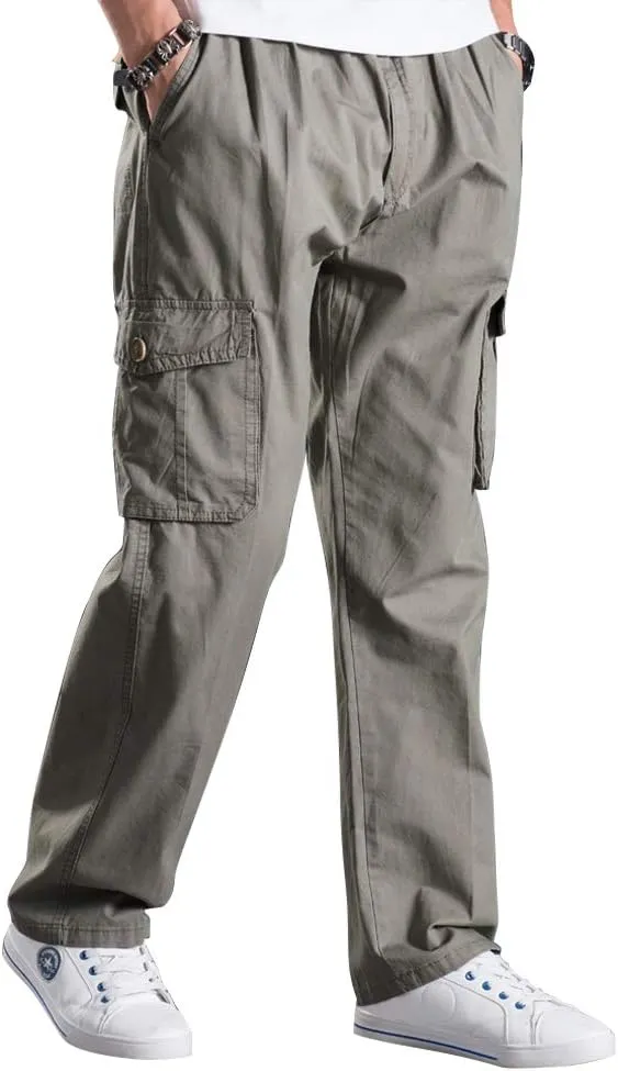 Lanesra Men's Boys Full Elastic Waist Casual Cargo Pants Relaxed Fit Lightweight Pull On Workwear Pant