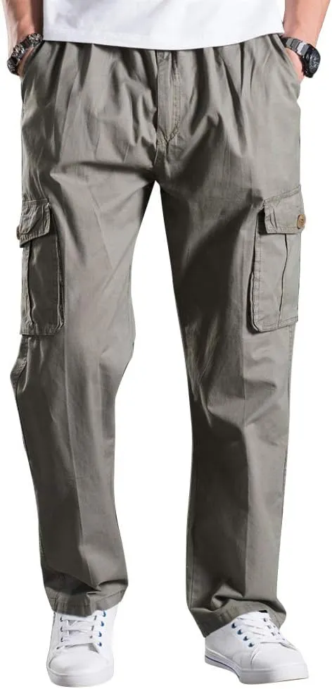 Lanesra Men's Boys Full Elastic Waist Casual Cargo Pants Relaxed Fit Lightweight Pull On Workwear Pant