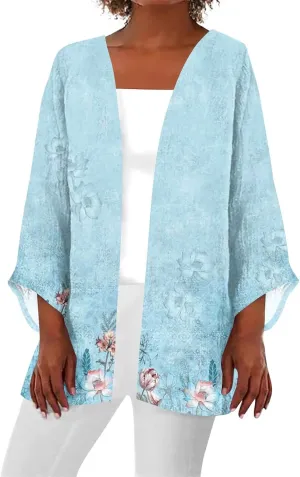Lightweight Cardigan for Women Summer Casual Blouse Printed Beach Cover Up Tops Open Front 3/4 Sleeve Kimono Cardigan
