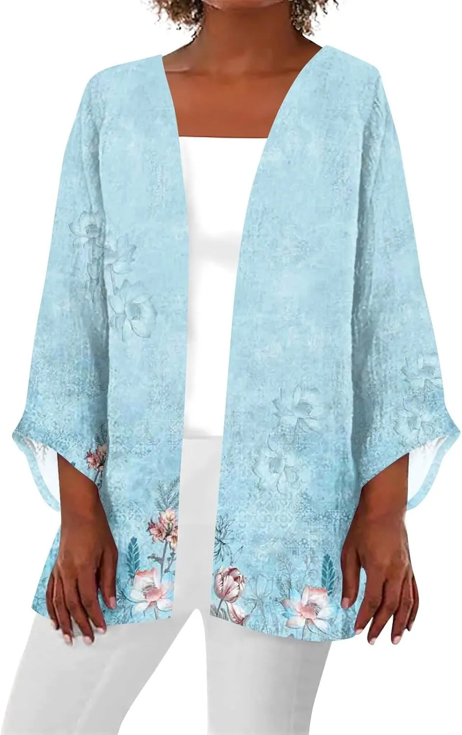 Lightweight Cardigan for Women Summer Casual Blouse Printed Beach Cover Up Tops Open Front 3/4 Sleeve Kimono Cardigan