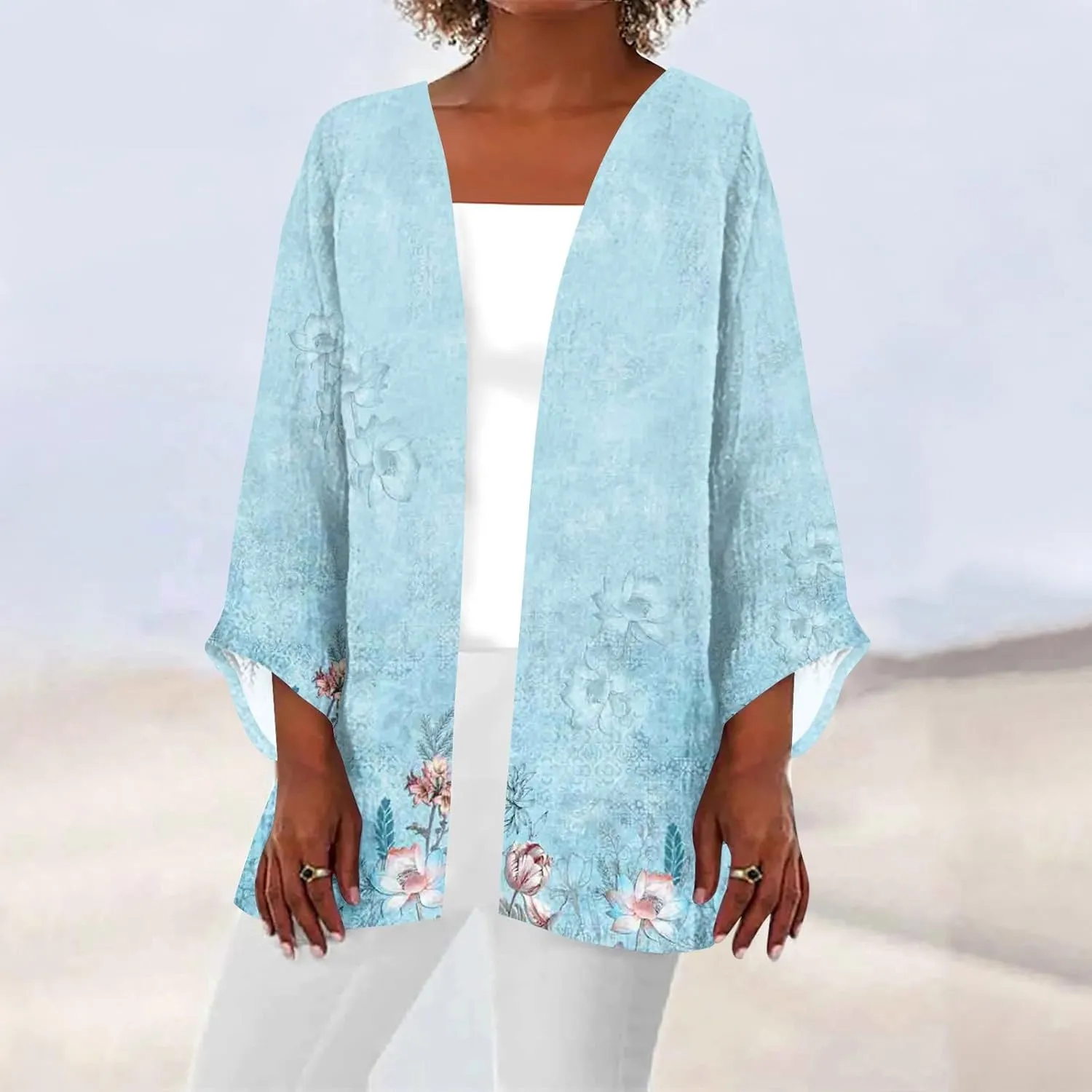 Lightweight Cardigan for Women Summer Casual Blouse Printed Beach Cover Up Tops Open Front 3/4 Sleeve Kimono Cardigan