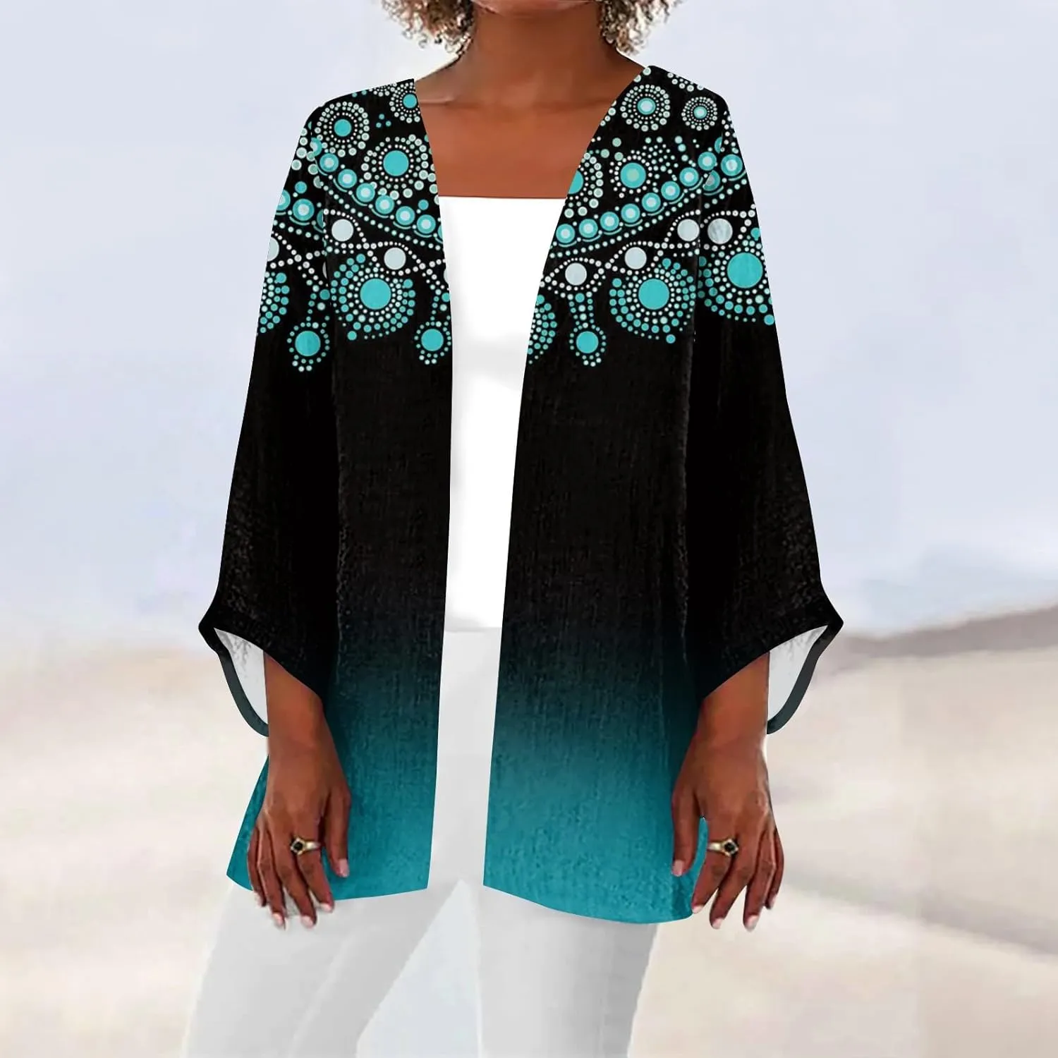 Lightweight Cardigan for Women Summer Printed 3/4 Sleeve Kimono Cardigan Casual Blouse Open Front Beach Cover Up Tops