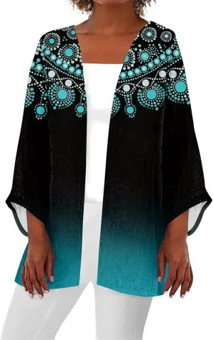 Lightweight Cardigan for Women Summer Printed 3/4 Sleeve Kimono Cardigan Casual Blouse Open Front Beach Cover Up Tops