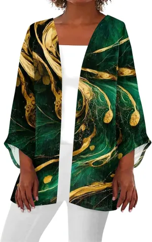 Lightweight Cardigan for Women Summer Printed Beach Cover Up Tops Open Front 3/4 Sleeve Kimono Cardigan Casual Blouse