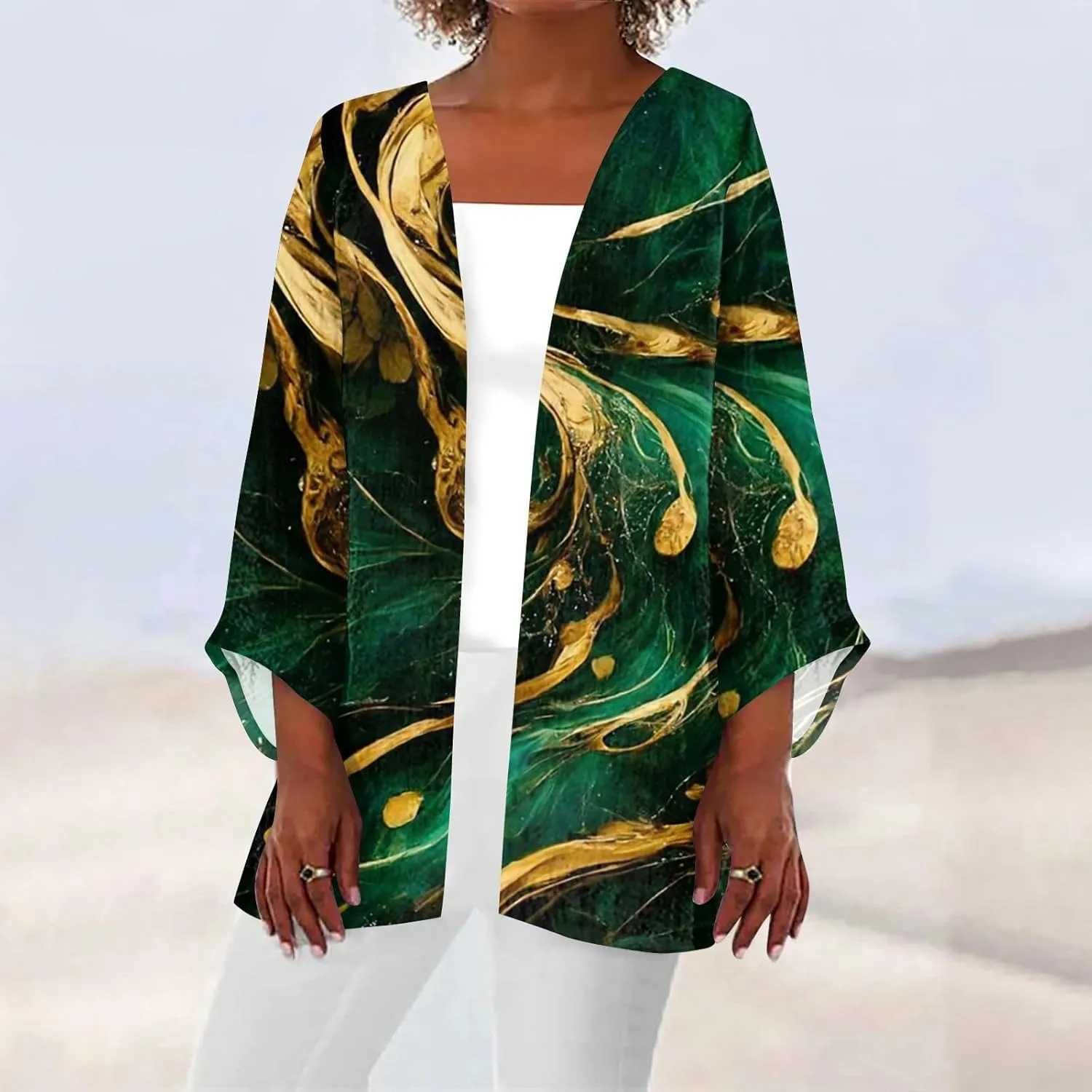 Lightweight Cardigan for Women Summer Printed Beach Cover Up Tops Open Front 3/4 Sleeve Kimono Cardigan Casual Blouse