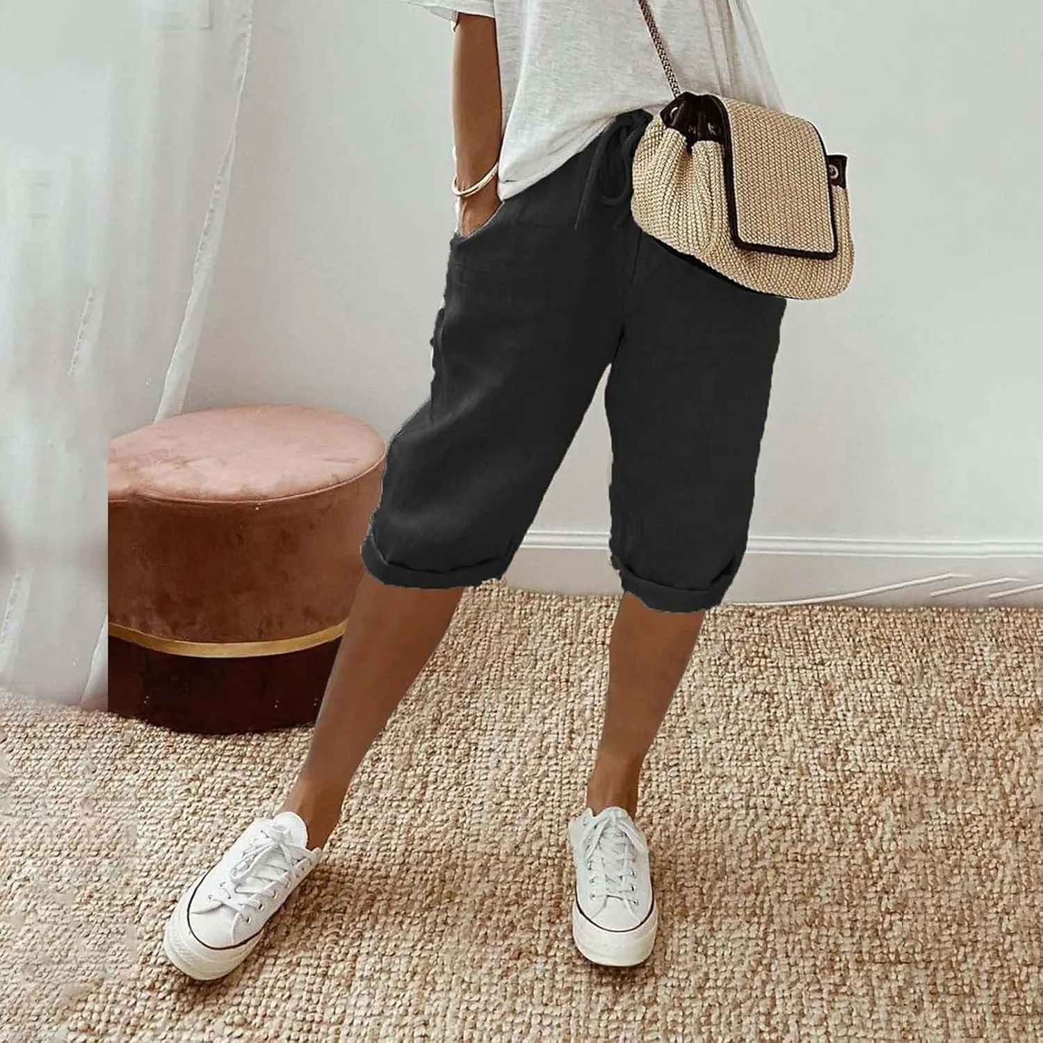 Linen Blend Pants for Women Cotton Linen Elastic Seven Pants Beach Casual Pants Linen Casual Summer Cropped Pants