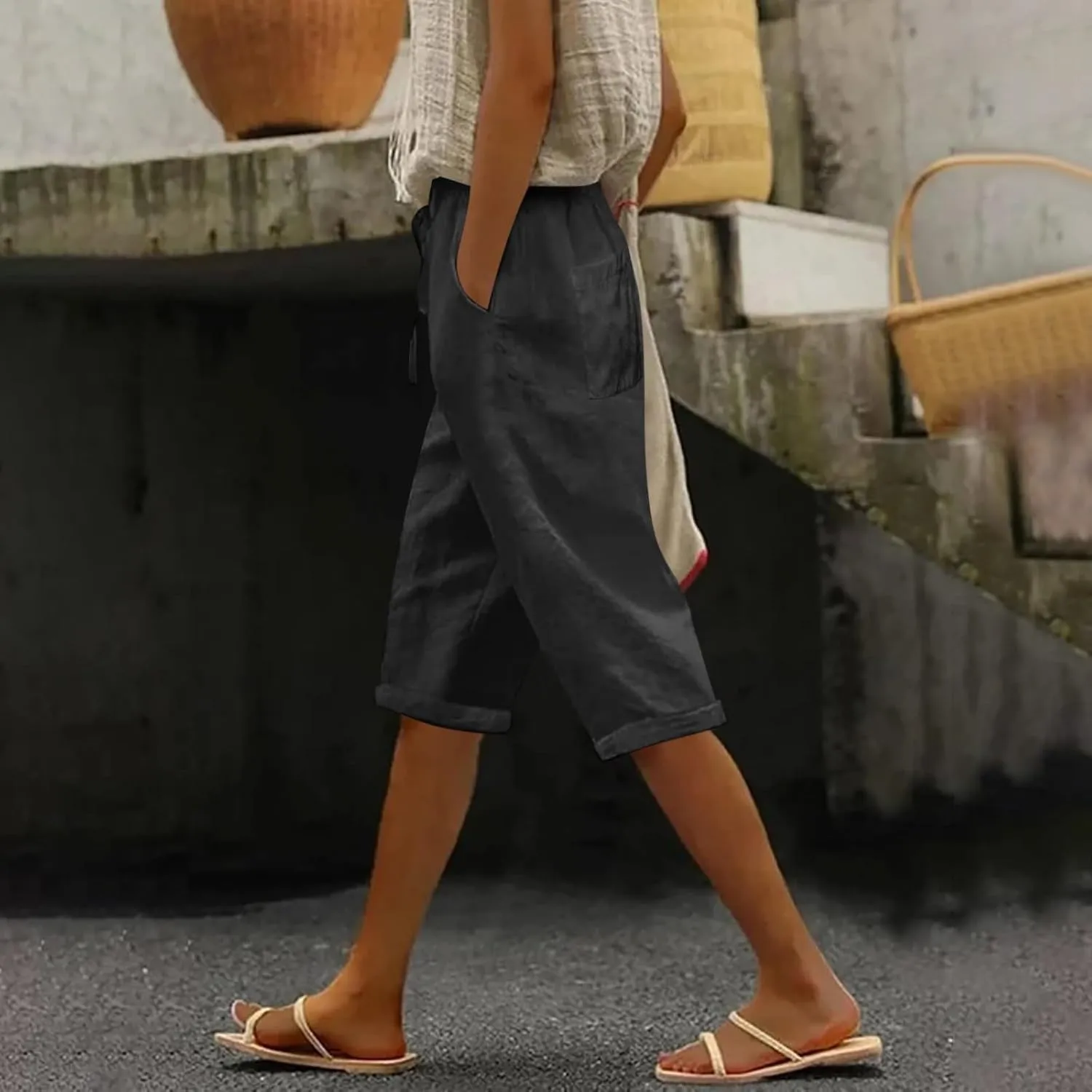 Linen Blend Pants for Women Cotton Linen Elastic Seven Pants Beach Casual Pants Linen Casual Summer Cropped Pants