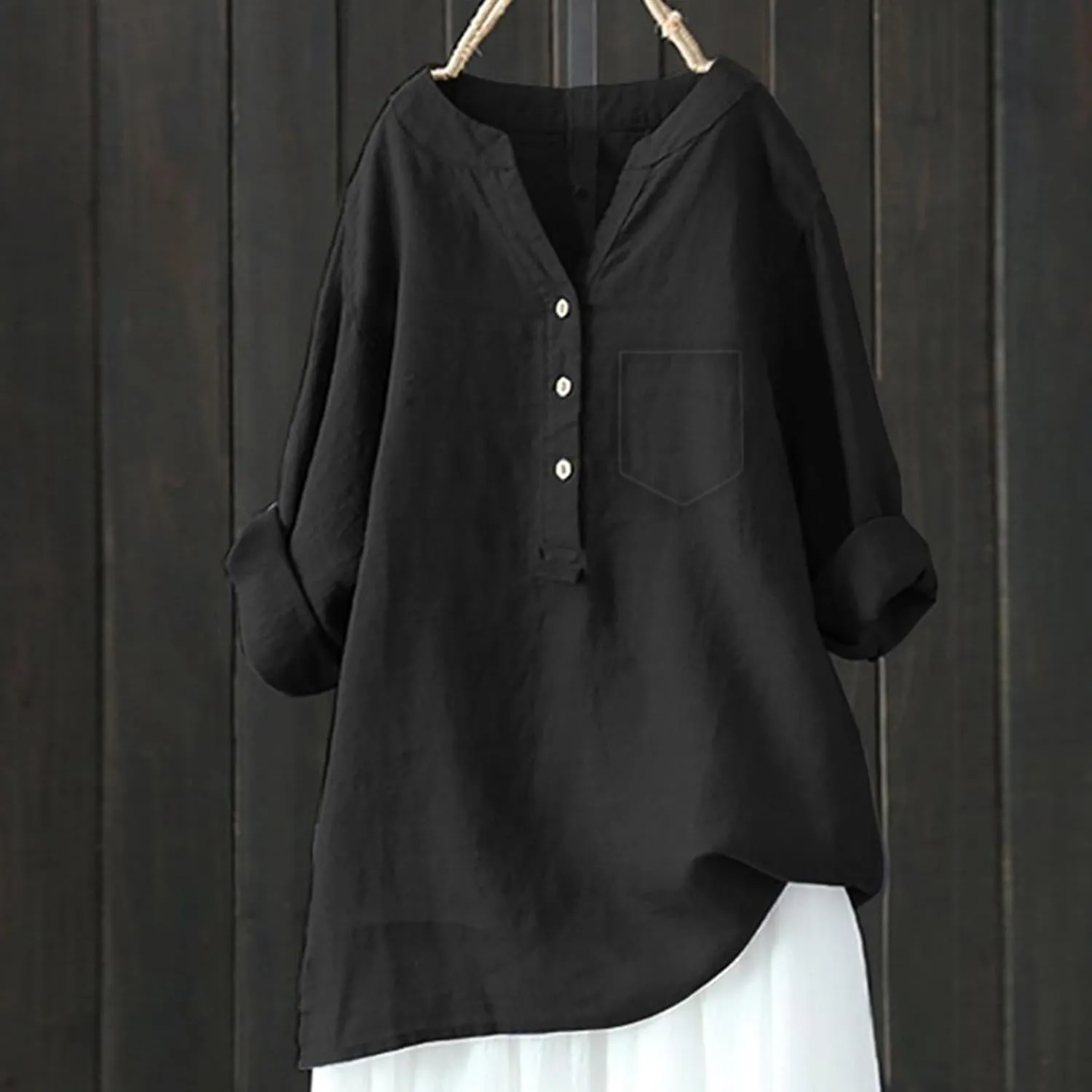 Linen Button Down Shirt for Women 3/4 Sleeve V Neck Summer Cotton Linen Tunic Top with Pocket Loose Fit Tshirt Casual Blouse