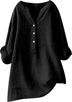 Linen Button Down Shirt for Women 3/4 Sleeve V Neck Summer Cotton Linen Tunic Top with Pocket Loose Fit Tshirt Casual Blouse
