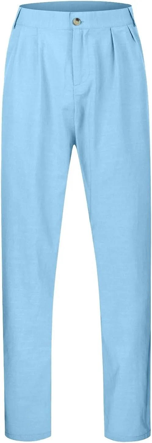 Linen Cargo Pants for Men, Summer Casual Elastic Waist Pants with Pockets, Relaxed Fit Holiday Beach Yoga Lounge Pants