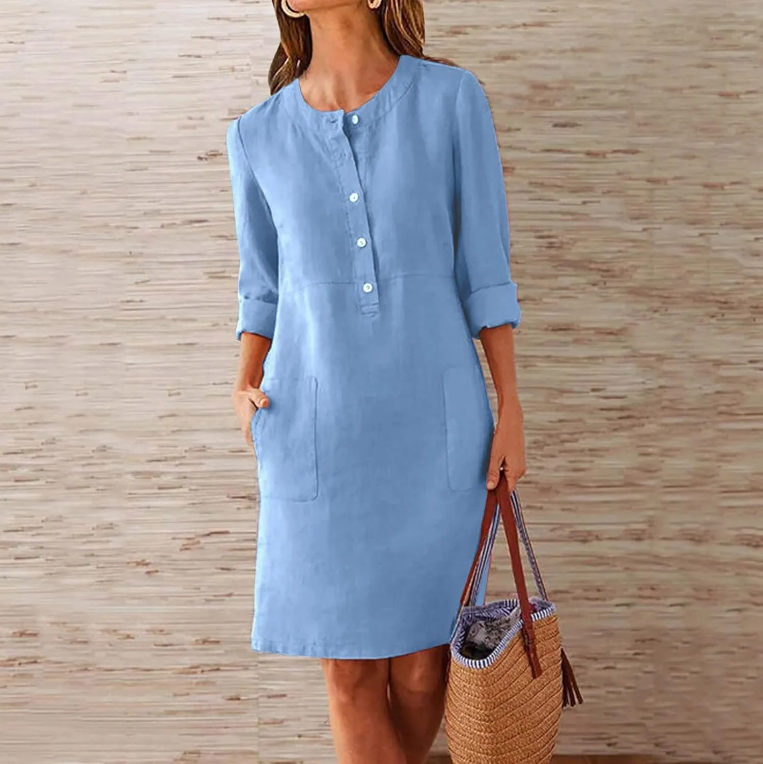 Linen Cotton Dress for Women 2025 Button Shirt Dress Long Sleeve Round Neck Dressy Casual Mini Dresses with Pockets