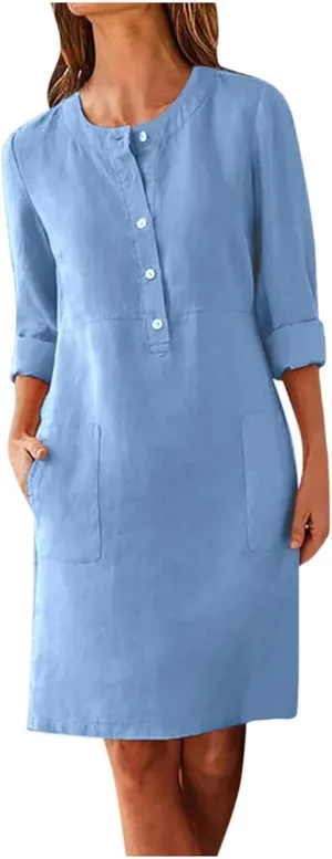 Linen Cotton Dress for Women 2025 Button Shirt Dress Long Sleeve Round Neck Dressy Casual Mini Dresses with Pockets
