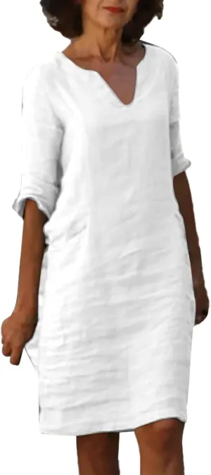 Linen Dresses for Women 2025 Summer 3/4 Sleeve V Neck Knee Length Dress Casual Mini Cruise Beach Vacation Sun Dresses