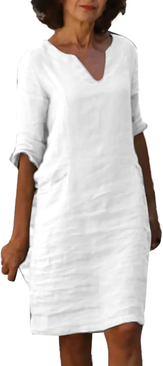Linen Dresses for Women 2025 Summer 3/4 Sleeve V Neck Knee Length Dress Casual Mini Cruise Beach Vacation Sun Dresses