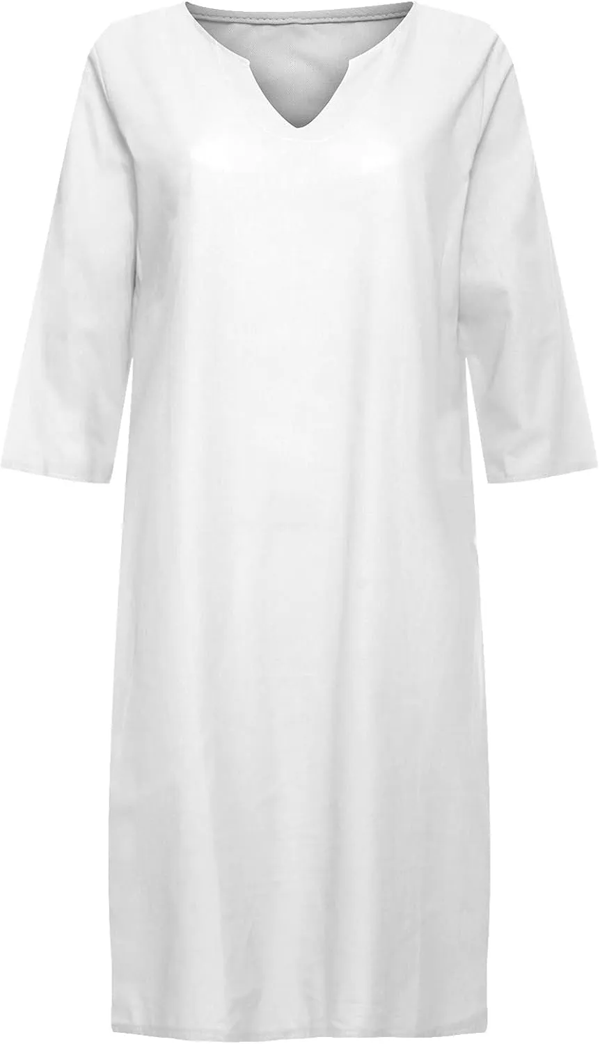 Linen Dresses for Women 2025 Summer 3/4 Sleeve V Neck Knee Length Dress Casual Mini Cruise Beach Vacation Sun Dresses