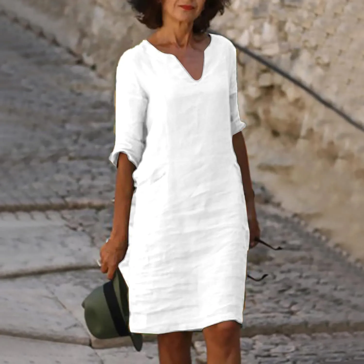 Linen Dresses for Women 2025 Summer 3/4 Sleeve V Neck Knee Length Dress Casual Mini Cruise Beach Vacation Sun Dresses