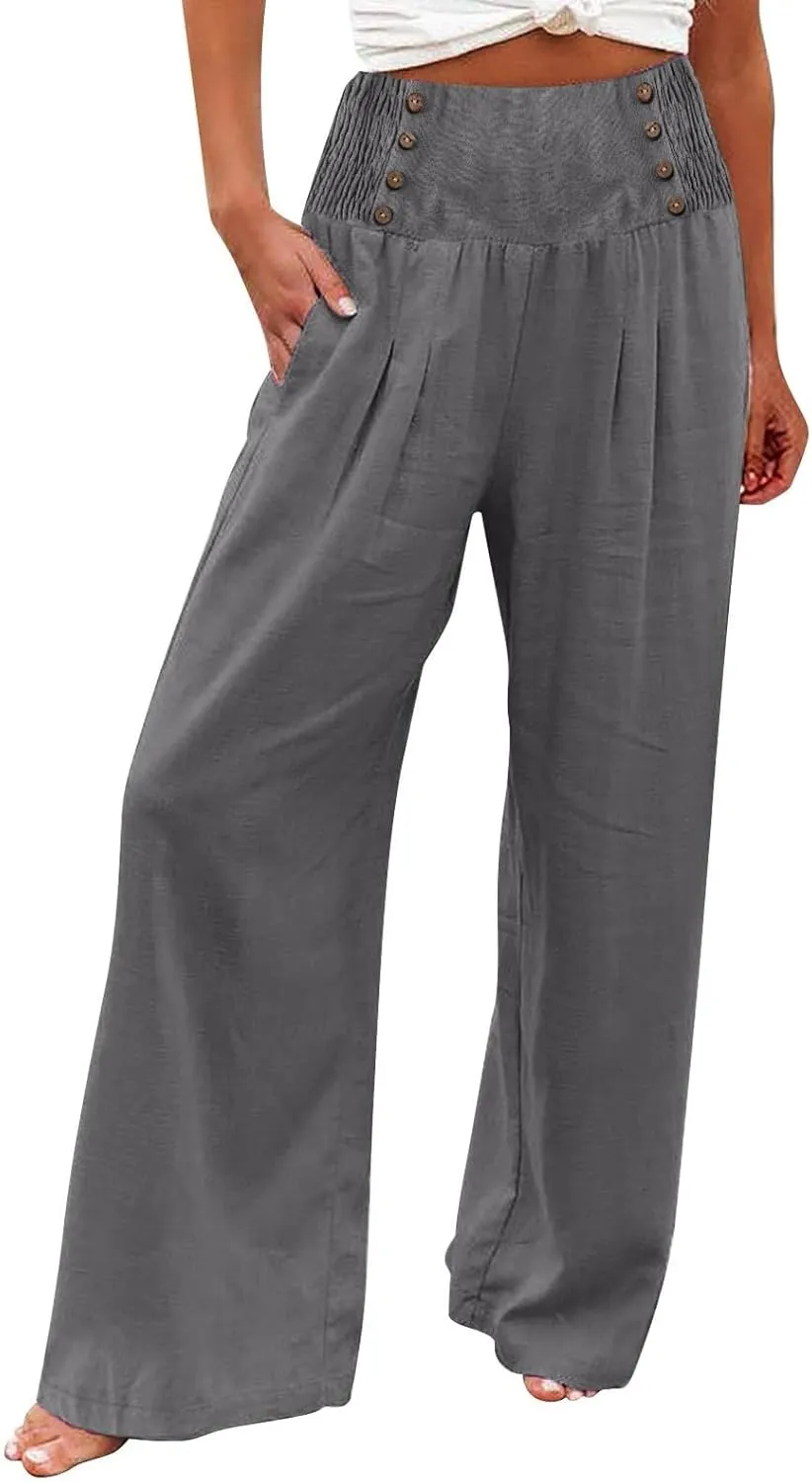 Linen Pants for Women Flowy Elastic High Waisted Wide Leg Pants Summer Lounge Pants Loose Palazzo Pants