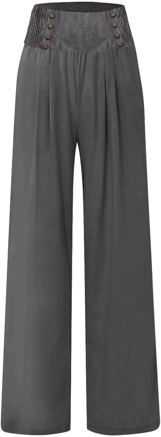 Linen Pants for Women Flowy Elastic High Waisted Wide Leg Pants Summer Lounge Pants Loose Palazzo Pants