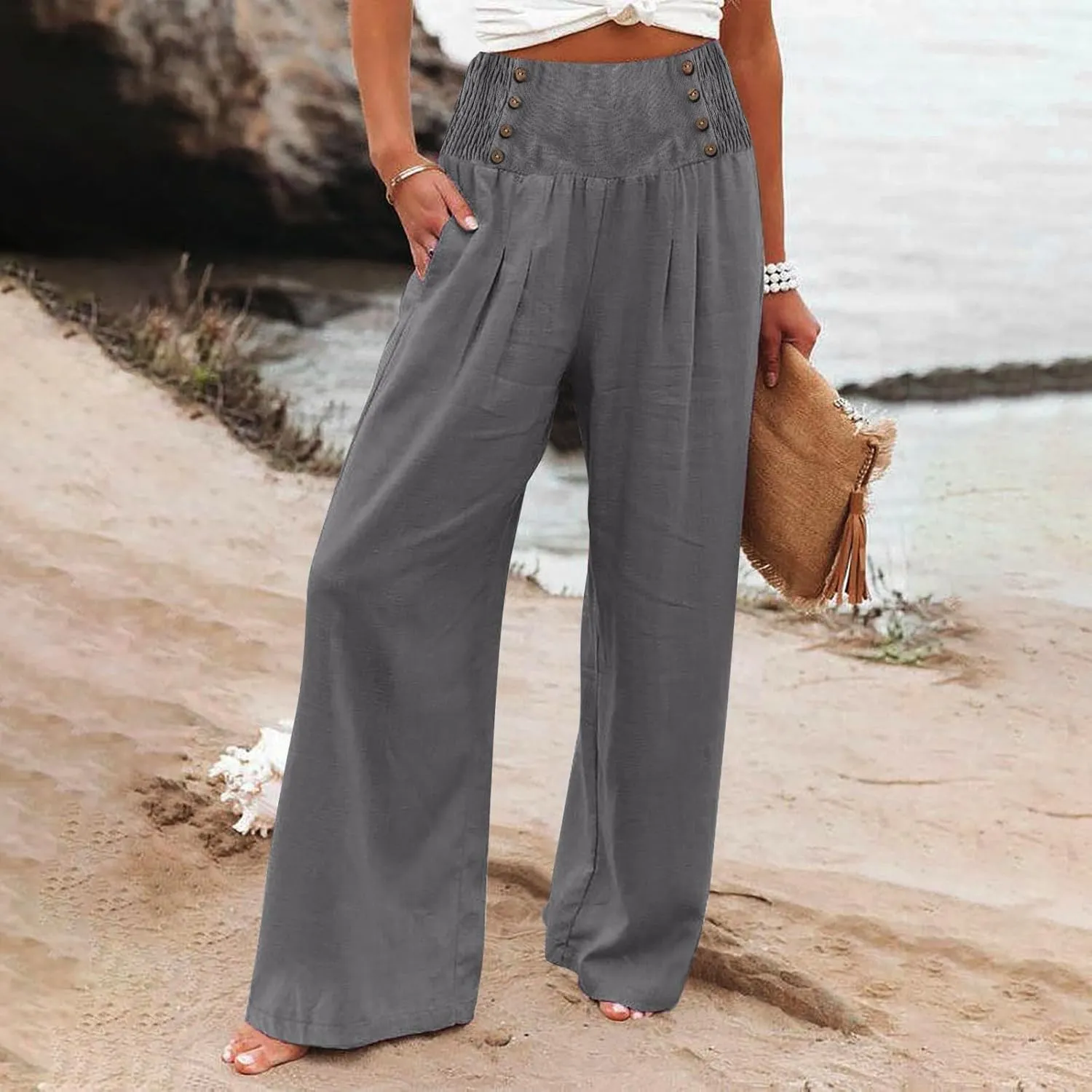 Linen Pants for Women Flowy Elastic High Waisted Wide Leg Pants Summer Lounge Pants Loose Palazzo Pants