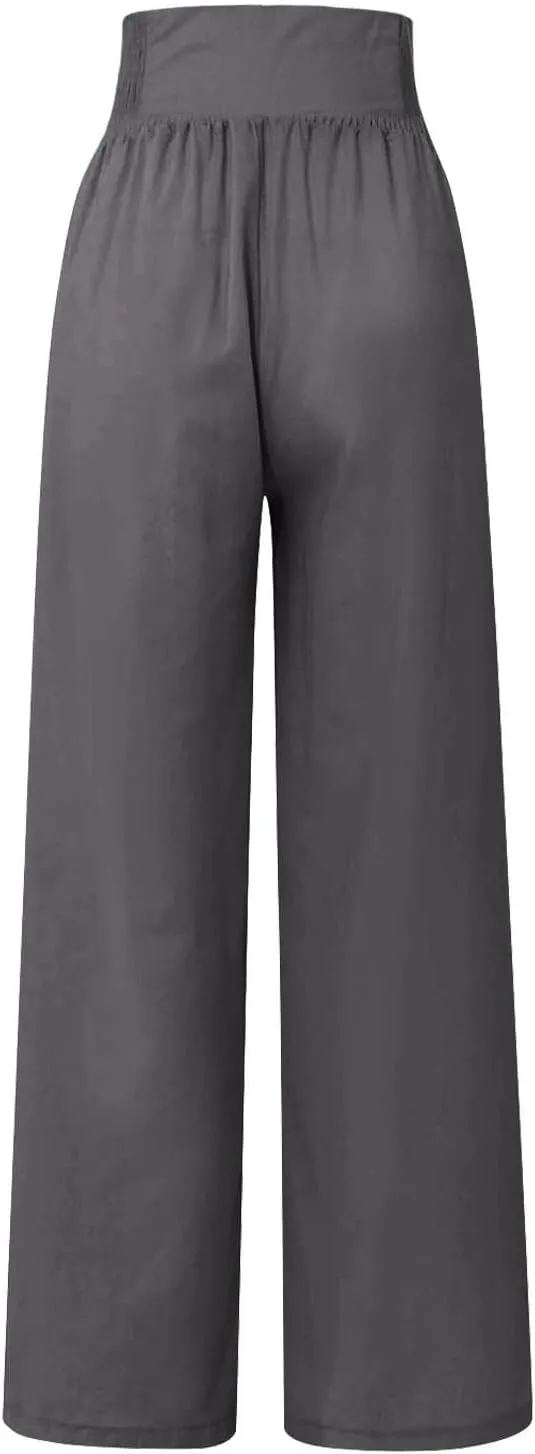 Linen Pants for Women Flowy Elastic High Waisted Wide Leg Pants Summer Lounge Pants Loose Palazzo Pants