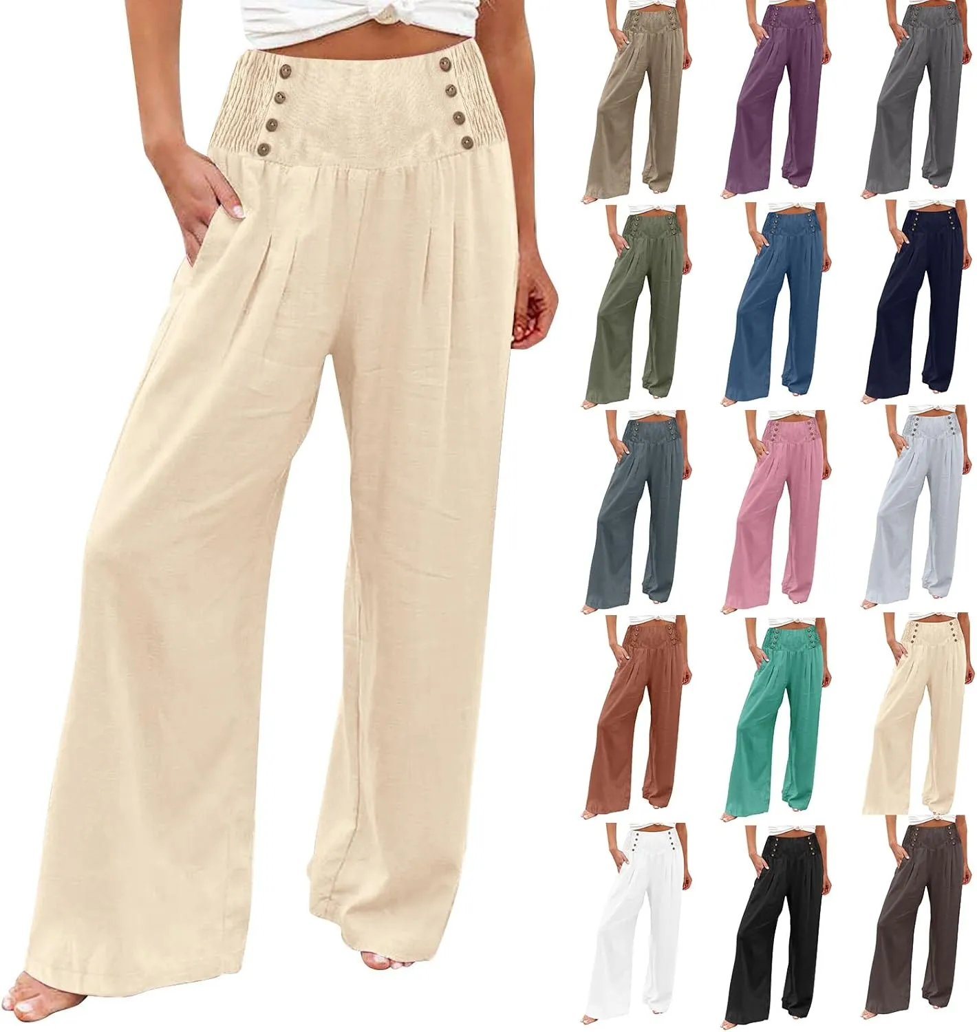 Linen Pants for Women Flowy Elastic High Waisted Wide Leg Pants Summer Lounge Pants Loose Palazzo Pants