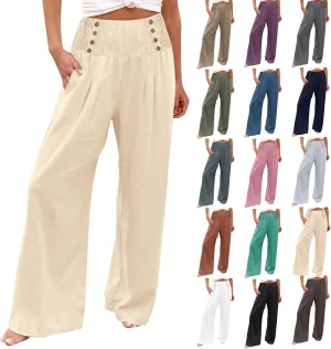 Linen Pants for Women Flowy Elastic High Waisted Wide Leg Pants Summer Lounge Pants Loose Palazzo Pants
