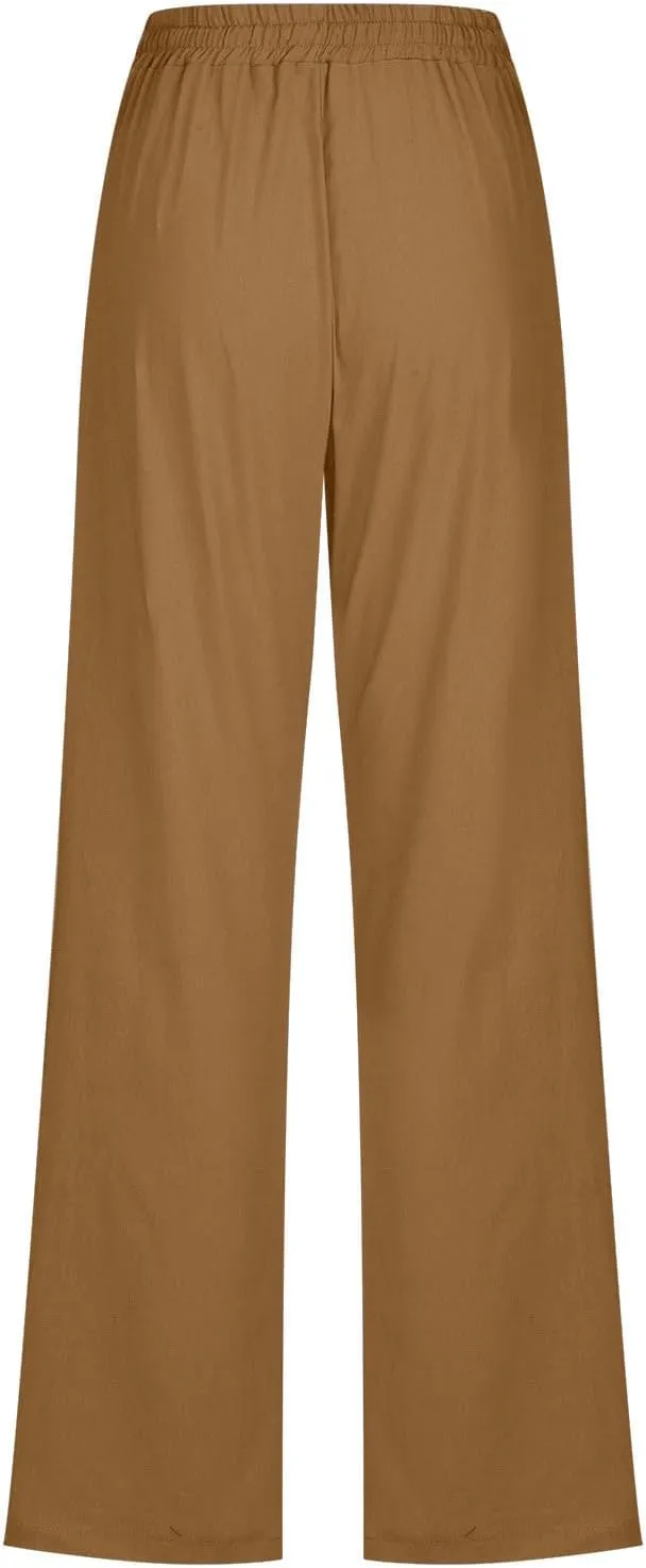 Linen Pants Women Casual Straight Leg Drawstring Elastic High Waist Pants Loose Comfy Palazzo Trousers with Pockets