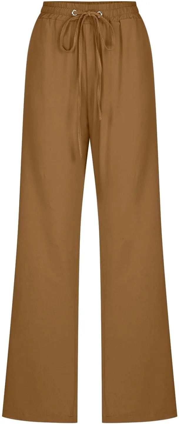 Linen Pants Women Casual Straight Leg Drawstring Elastic High Waist Pants Loose Comfy Palazzo Trousers with Pockets