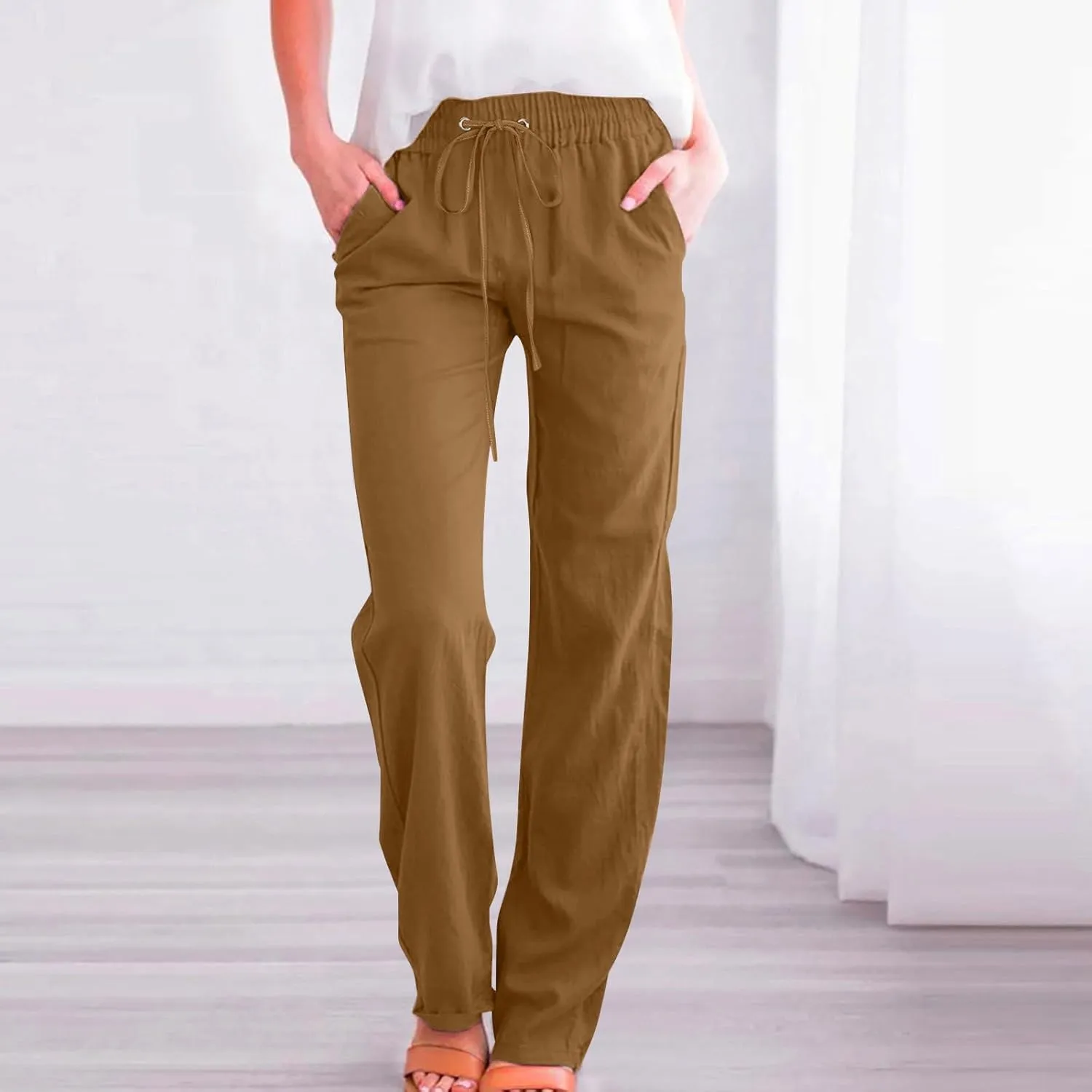 Linen Pants Women Casual Straight Leg Drawstring Elastic High Waist Pants Loose Comfy Palazzo Trousers with Pockets