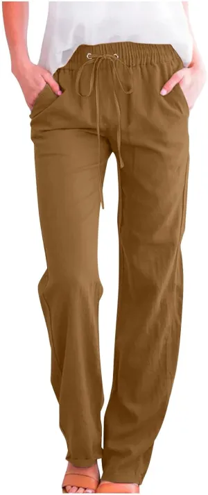 Linen Pants Women Casual Straight Leg Drawstring Elastic High Waist Pants Loose Comfy Palazzo Trousers with Pockets
