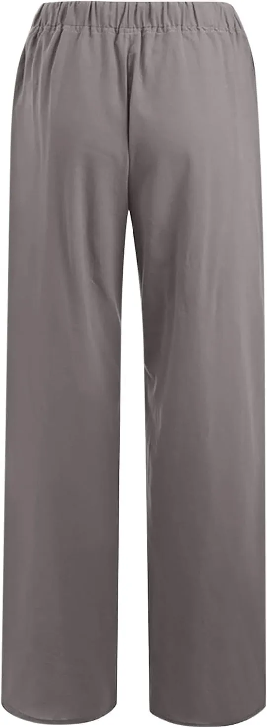Linen Pants Women Loose Wide Leg Pants Drawstring Waist Lounge Pants Plus Size Casual Palazzo Pants Trouser Pockets