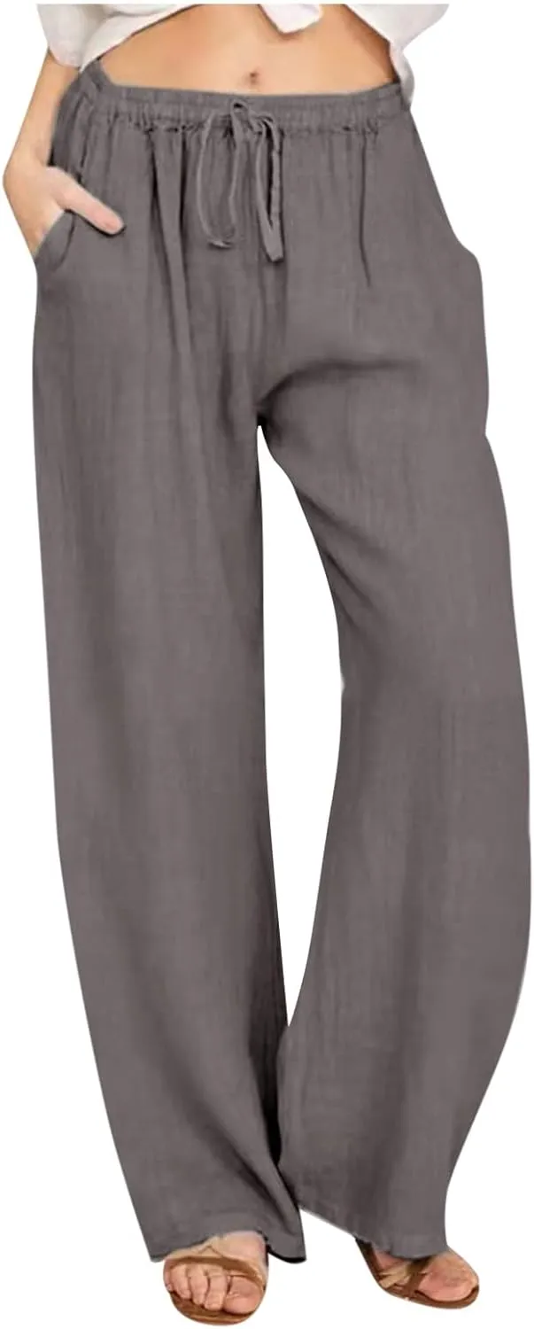 Linen Pants Women Loose Wide Leg Pants Drawstring Waist Lounge Pants Plus Size Casual Palazzo Pants Trouser Pockets