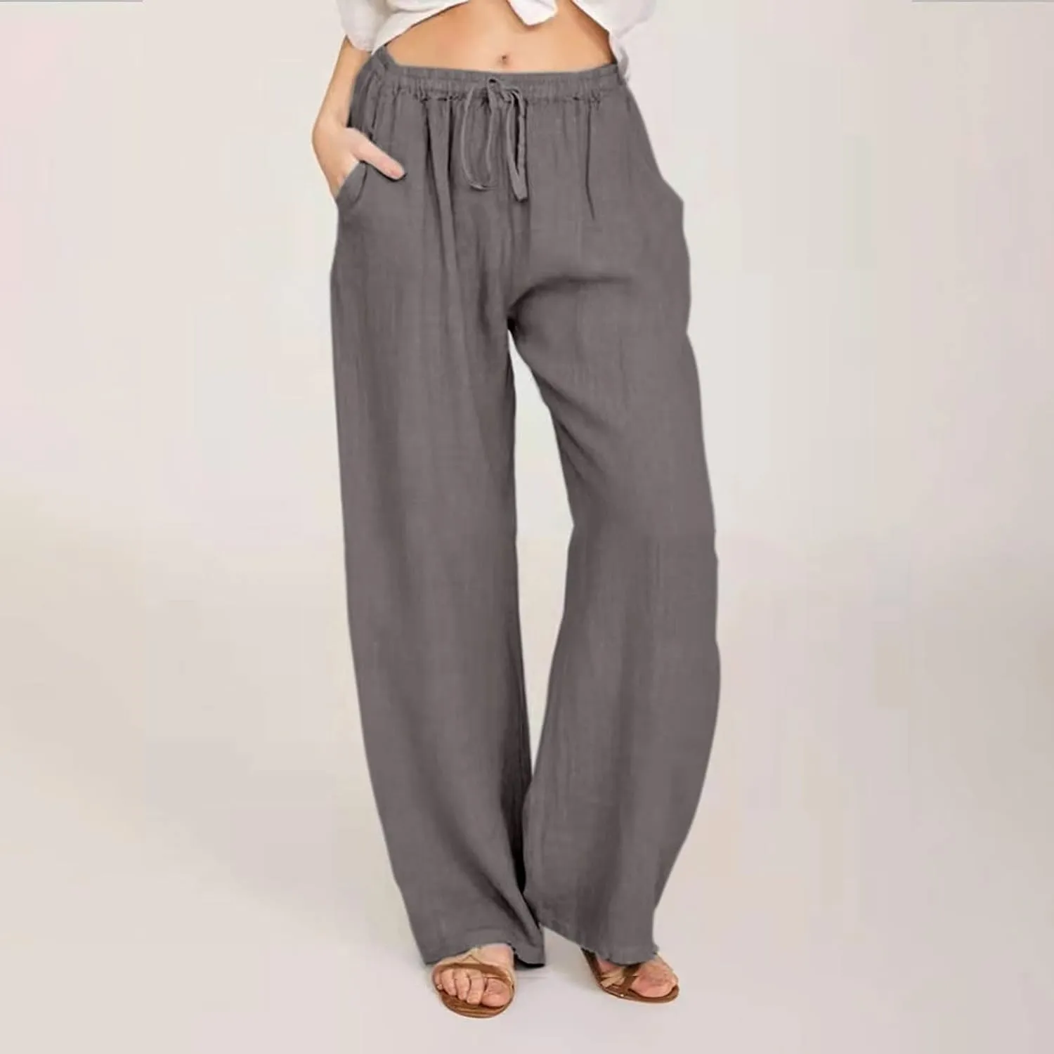Linen Pants Women Loose Wide Leg Pants Drawstring Waist Lounge Pants Plus Size Casual Palazzo Pants Trouser Pockets