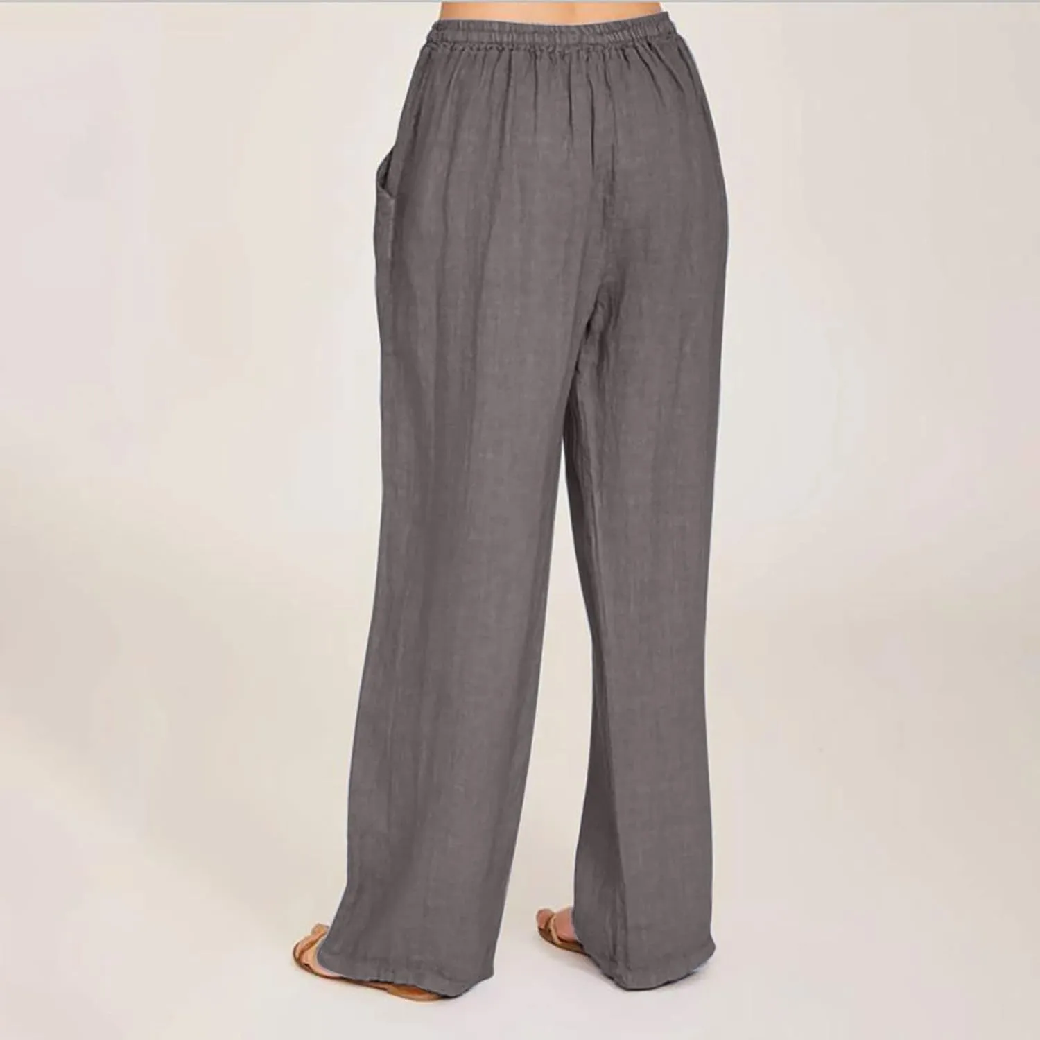 Linen Pants Women Loose Wide Leg Pants Drawstring Waist Lounge Pants Plus Size Casual Palazzo Pants Trouser Pockets