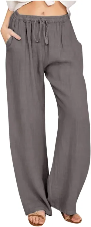 Linen Pants Women Loose Wide Leg Pants Drawstring Waist Lounge Pants Plus Size Casual Palazzo Pants Trouser Pockets