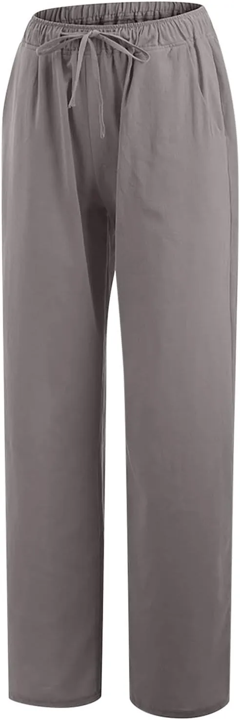 Linen Pants Women Loose Wide Leg Pants Drawstring Waist Lounge Pants Plus Size Casual Palazzo Pants Trouser Pockets