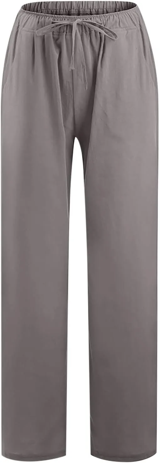 Linen Pants Women Loose Wide Leg Pants Drawstring Waist Lounge Pants Plus Size Casual Palazzo Pants Trouser Pockets