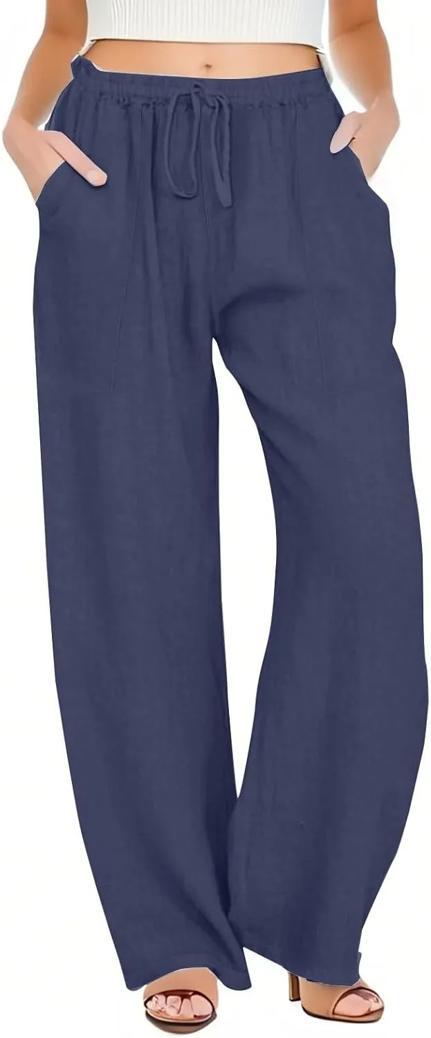 Linen Pants Women Summer High Waisted Pants Wide Leg Lounge Pants Beach Trouser Pants with Pockets
