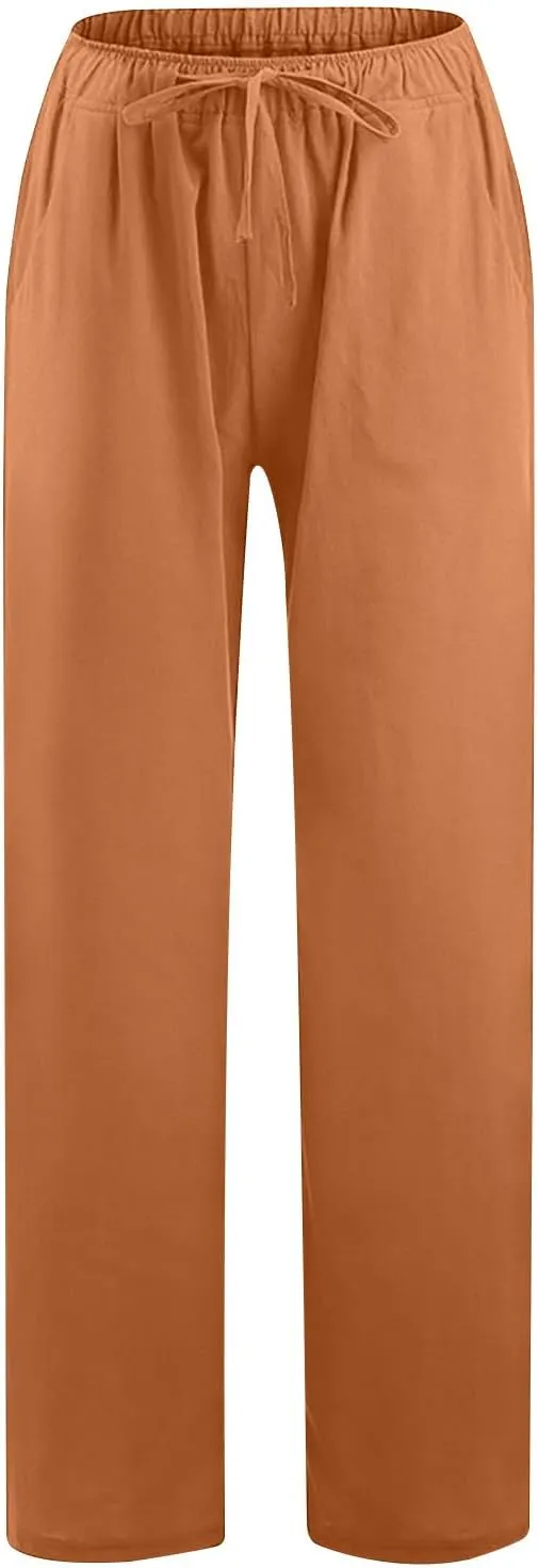 Linen Pants Women Vacation Casual Loose Drawsting Waist Pants Wide Leg Pants Cotton Linen Palazzo Pants with Pockets