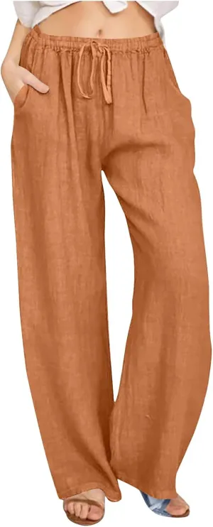 Linen Pants Women Vacation Casual Loose Drawsting Waist Pants Wide Leg Pants Cotton Linen Palazzo Pants with Pockets