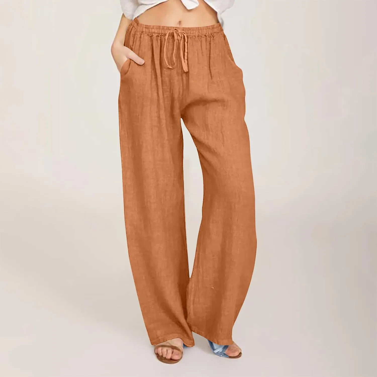 Linen Pants Women Vacation Casual Loose Drawsting Waist Pants Wide Leg Pants Cotton Linen Palazzo Pants with Pockets