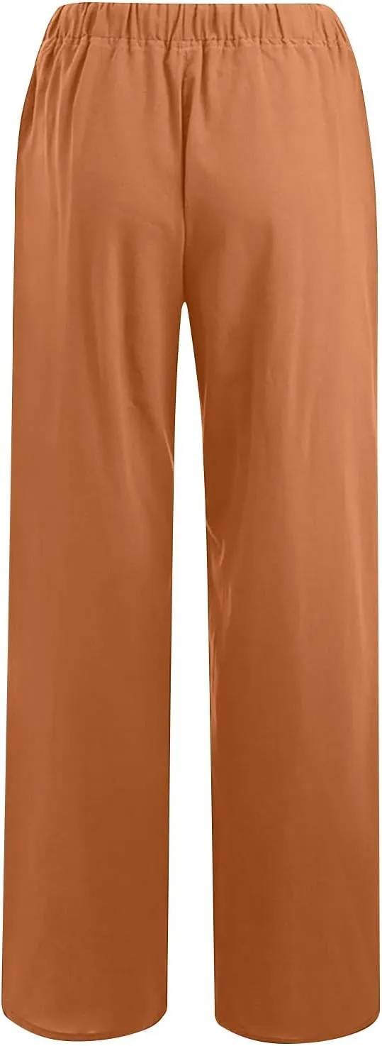 Linen Pants Women Vacation Casual Loose Drawsting Waist Pants Wide Leg Pants Cotton Linen Palazzo Pants with Pockets