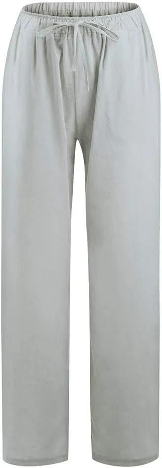 Linen Pants Women Wide Leg Pants High Waisted Lounge Pants Drawstring Elastic Waist Pants Casual Beach Trousers 2025
